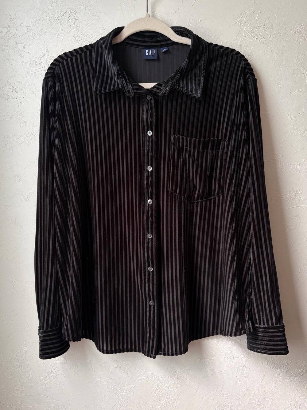 GAP Black Velvet Stripe Semi Sheer Button Front Blouse L